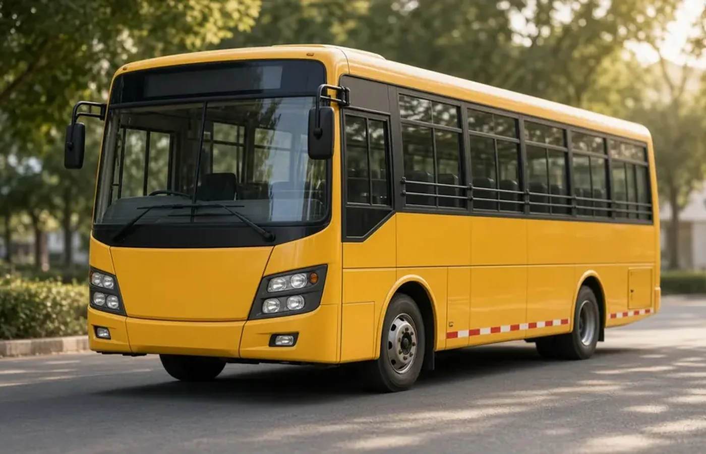 School bus: parked yellow school bus connected by GPS, CCTV, RFID and SOS to the parent app