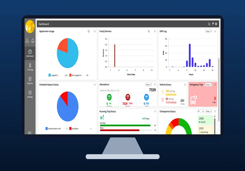 School bus operations control panel reports on a monitor