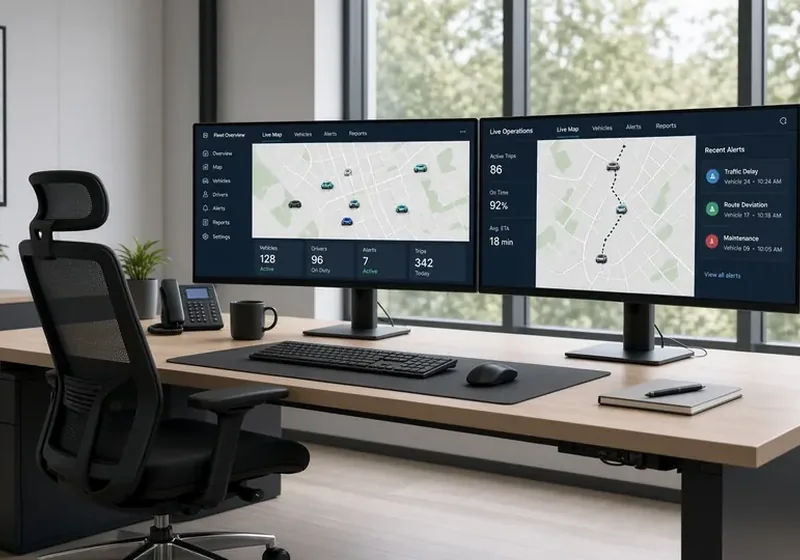 School bus operations control room with live map screens