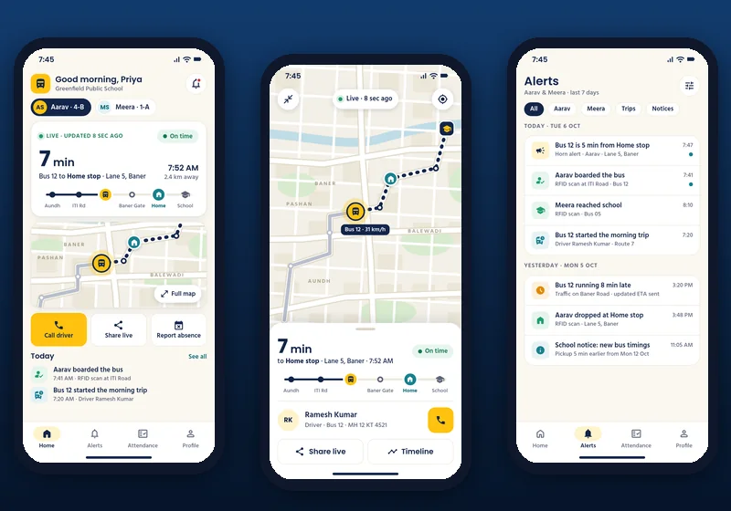 Smart bus app for schools: My School Ride live tracking, full map and alerts screens