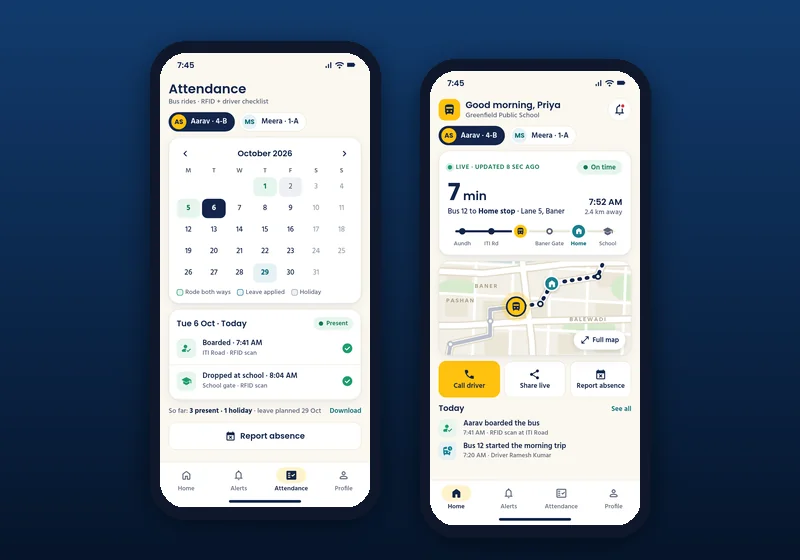 School bus student attendance screen in the My School Ride parent app