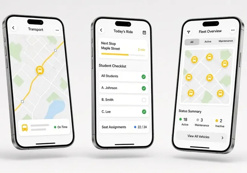 School bus safety system apps: parent, driver and school screens